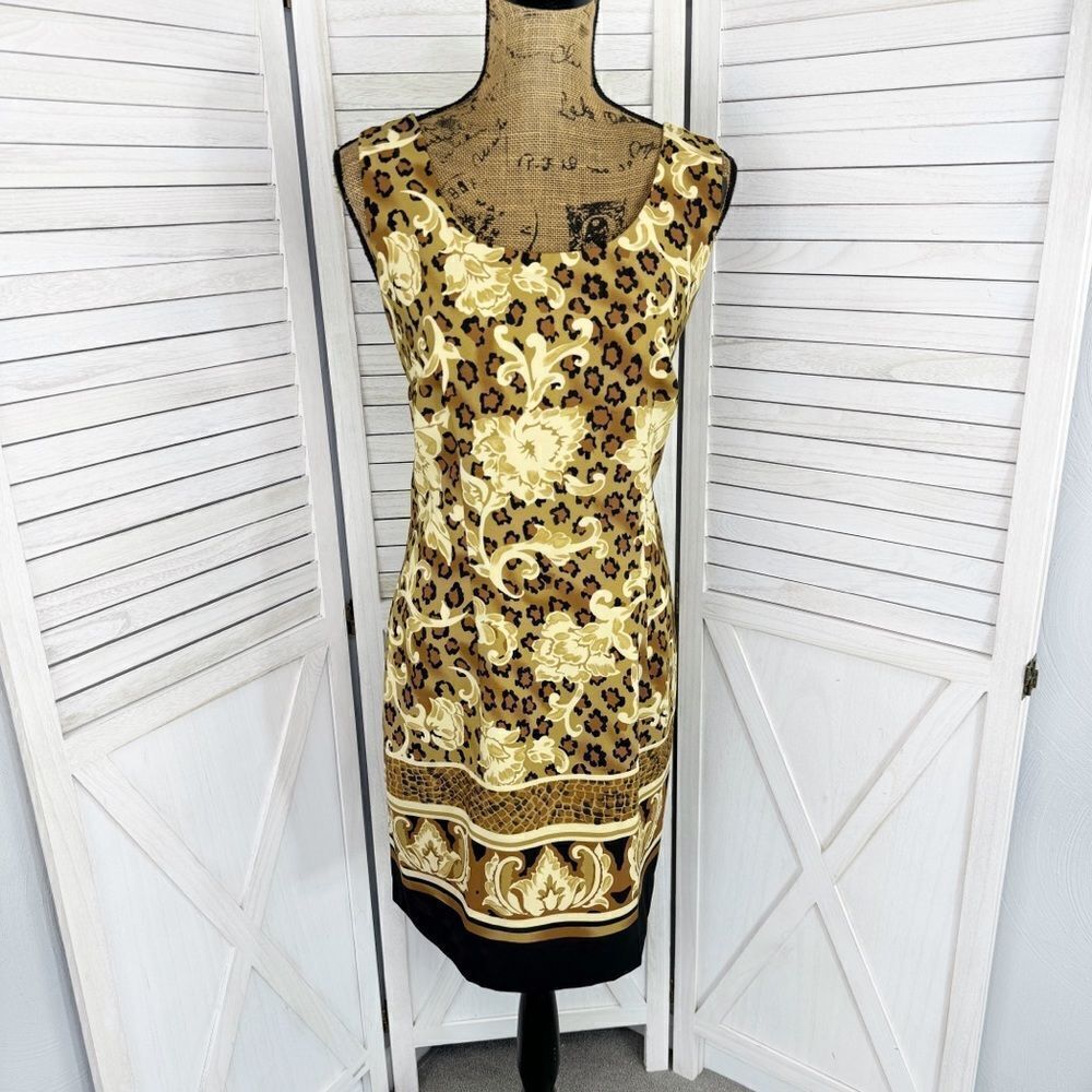Liaison Paris Floral Leopard Print Sheath Dress Tan‎ Black Size 10 Sleeveless